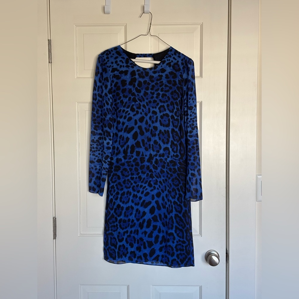 DV DOLCE VITA Size S Blue Leopard Print Long Sleeve Chiffon Mini Dress
